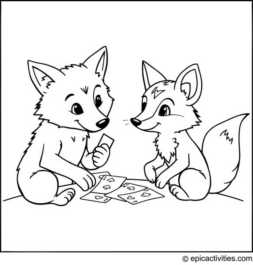 Coloring page of a Cute Wolf Playing Cards with a Cartoon Fox