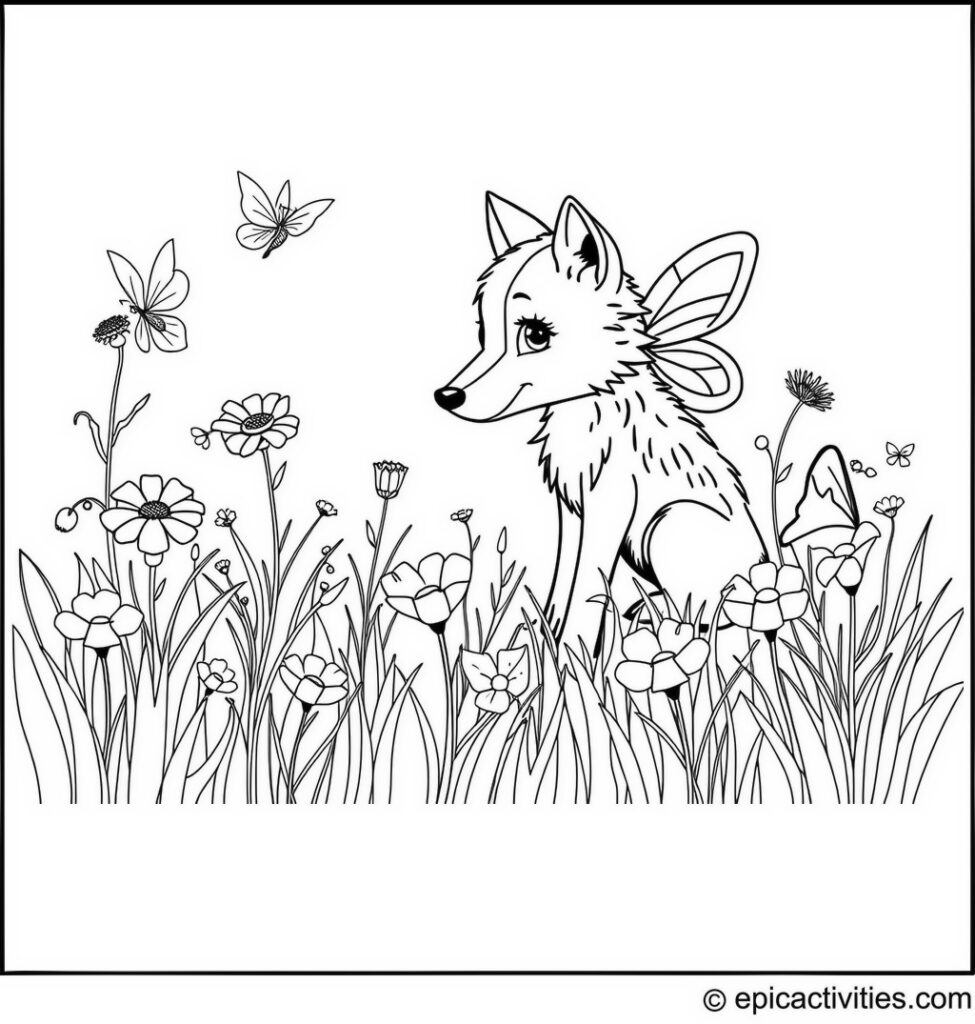 Coloring page of a Cute Wolf Playing Hide and Seek with Fairies in a Flower Field