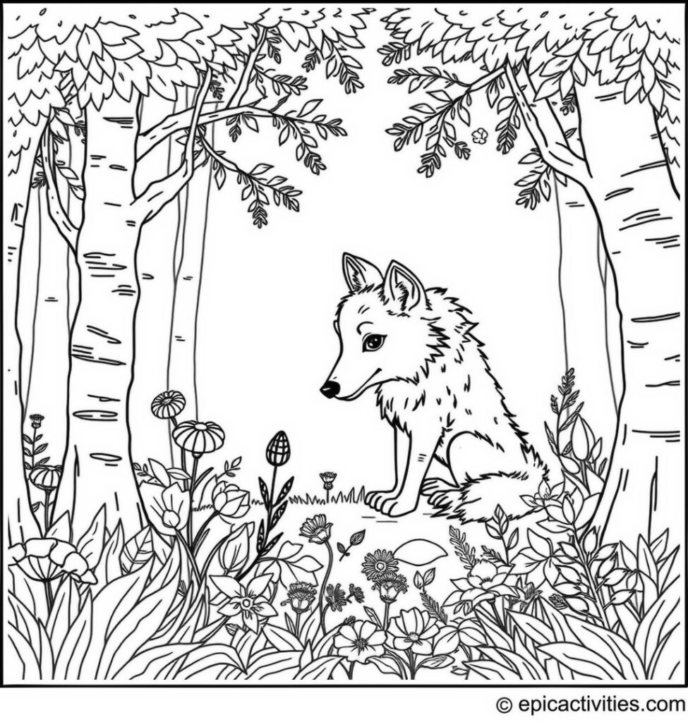Coloring page of a Cute Wolf Playing in a Forest Clearing