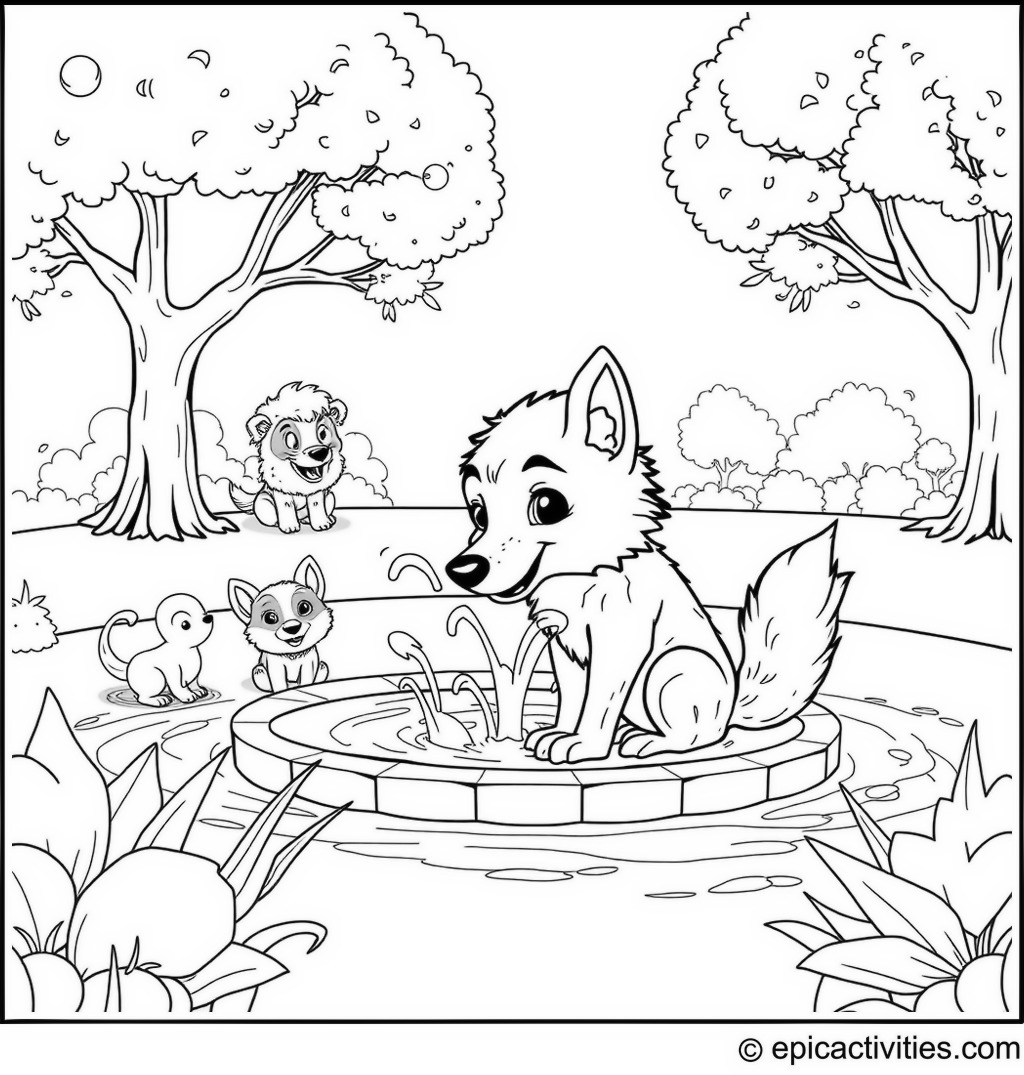 Coloring page of a Cute Wolf Playing in a Splash Fountain with Joyful Animals in a Sunny Park