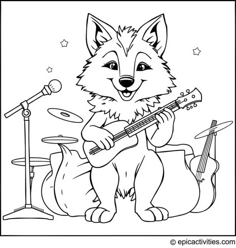 Coloring page of a cute wolf playing oversized instruments in a dreamy band