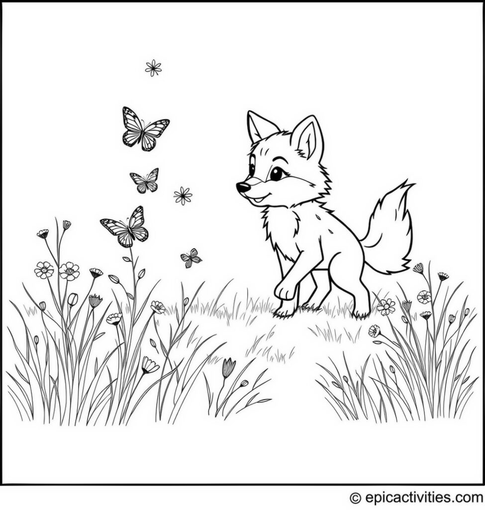 Coloring page of a Cute Wolf Playing Tag with Butterflies in a Sunlit Clearing