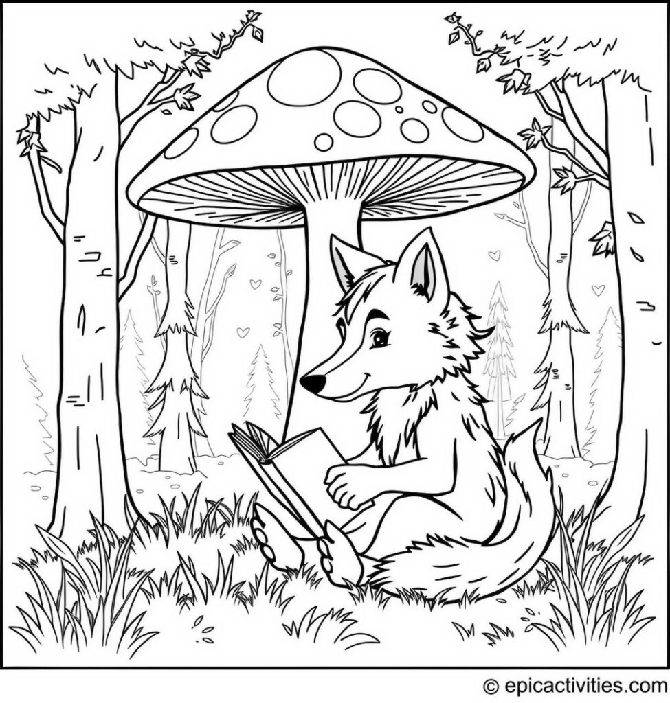 Coloring page of a Cute Wolf Reading a Book Under a Giant Glowing Mushroom in a Magical Forest