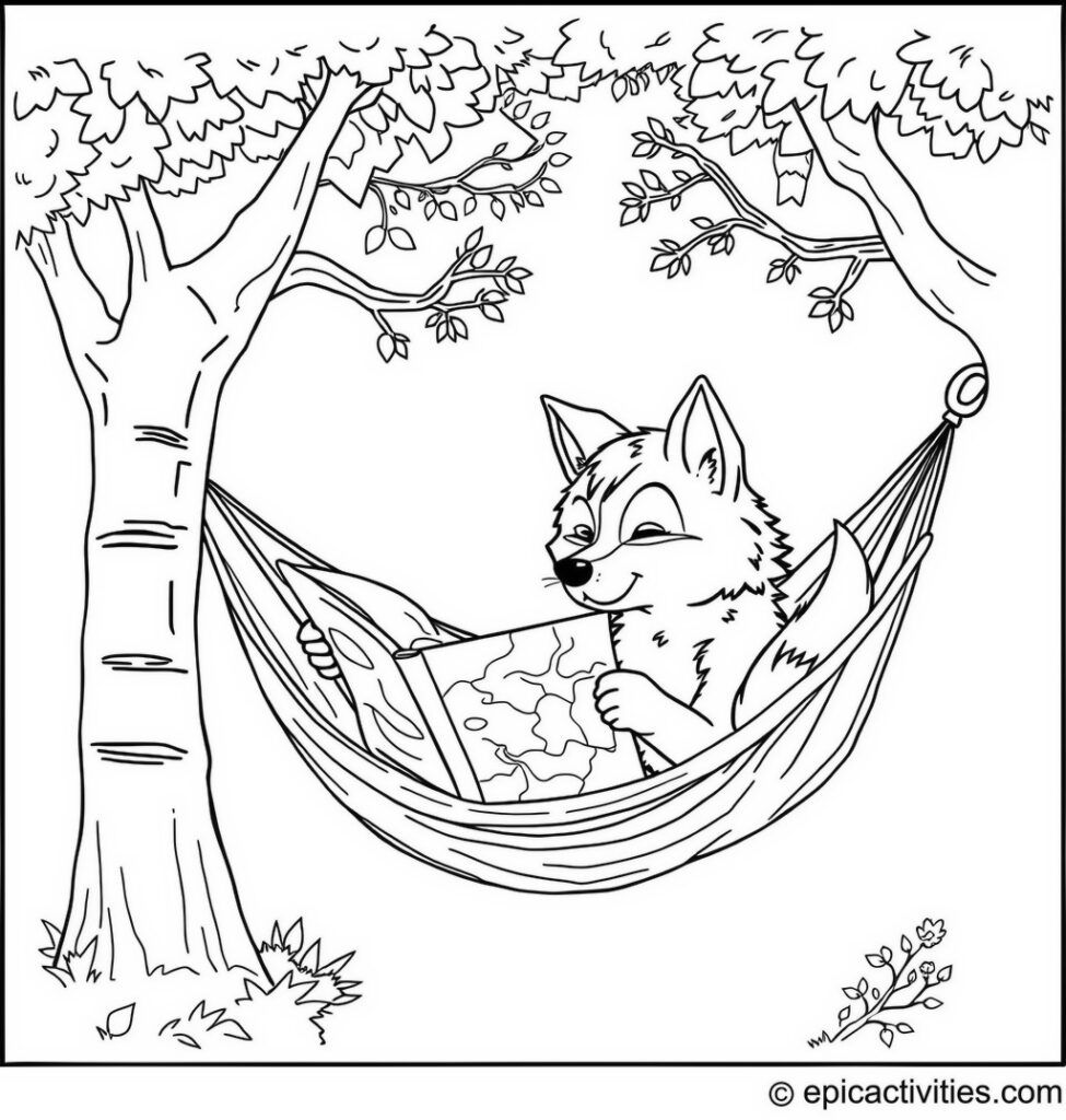 Coloring page of a Cute Wolf Relaxing in a Hammock with a Map of an Enchanted Forest