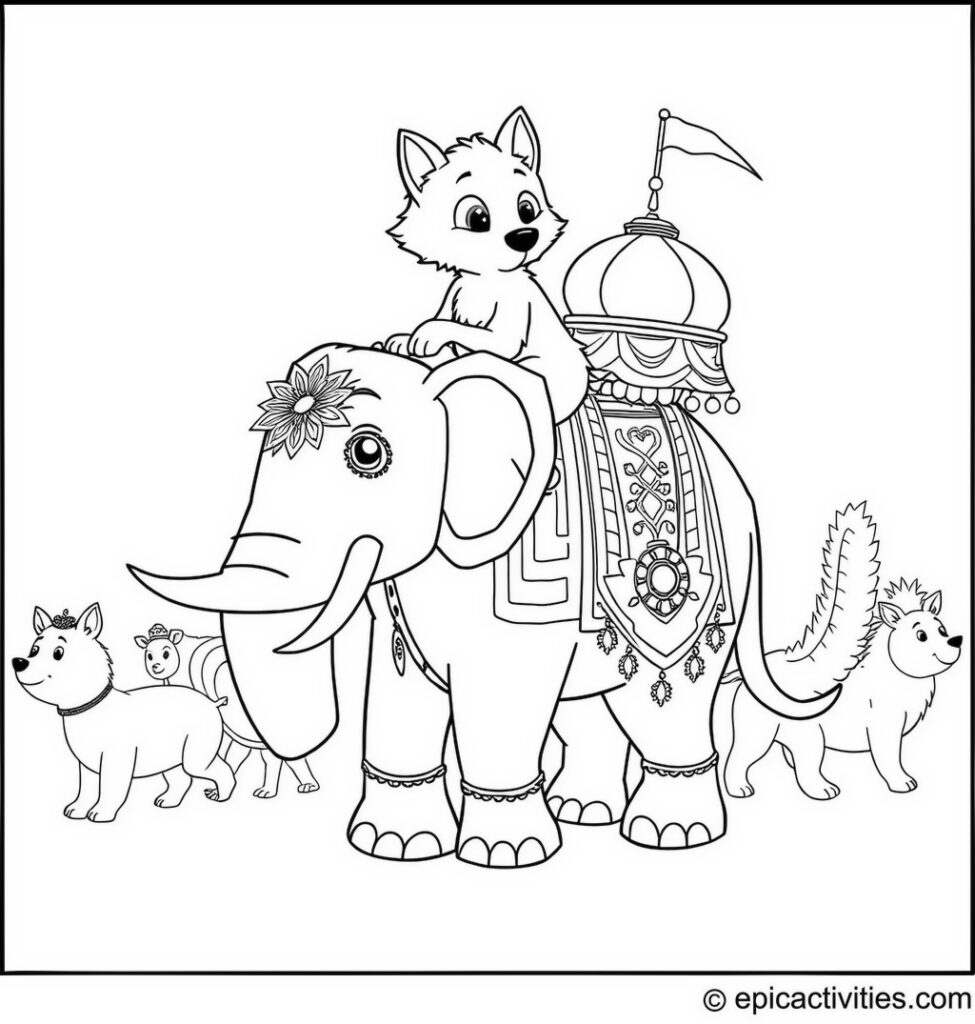 Coloring page of a cute wolf riding a decorated elephant in a fanciful parade