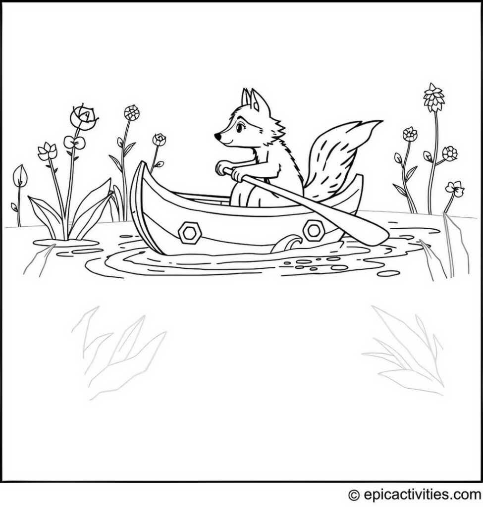 Coloring page of a Cute Wolf Rowing a Painted Boat in a Tranquil River