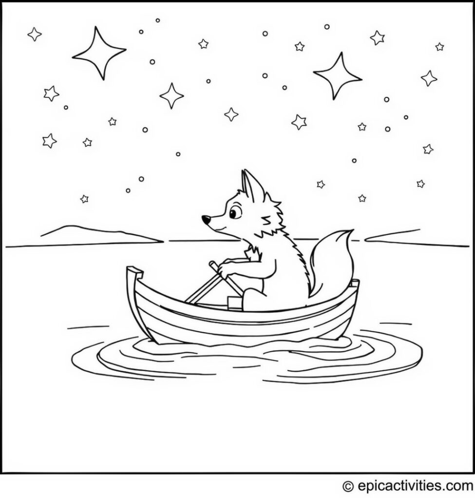 Coloring page of a Cute Wolf Sailing an Enchanted Boat Under Starry Skies