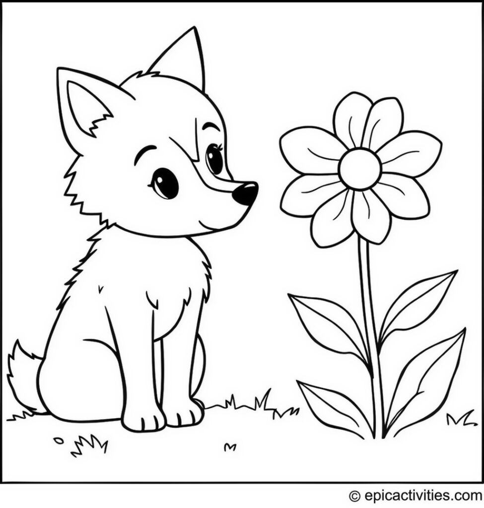 Coloring page of a Cute Wolf Saying Hello to a Magical Talking Flower