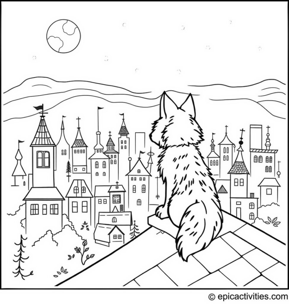 Coloring page of a Cute Wolf Sitting on a Rooftop Surveying the Moonlit Cityscape