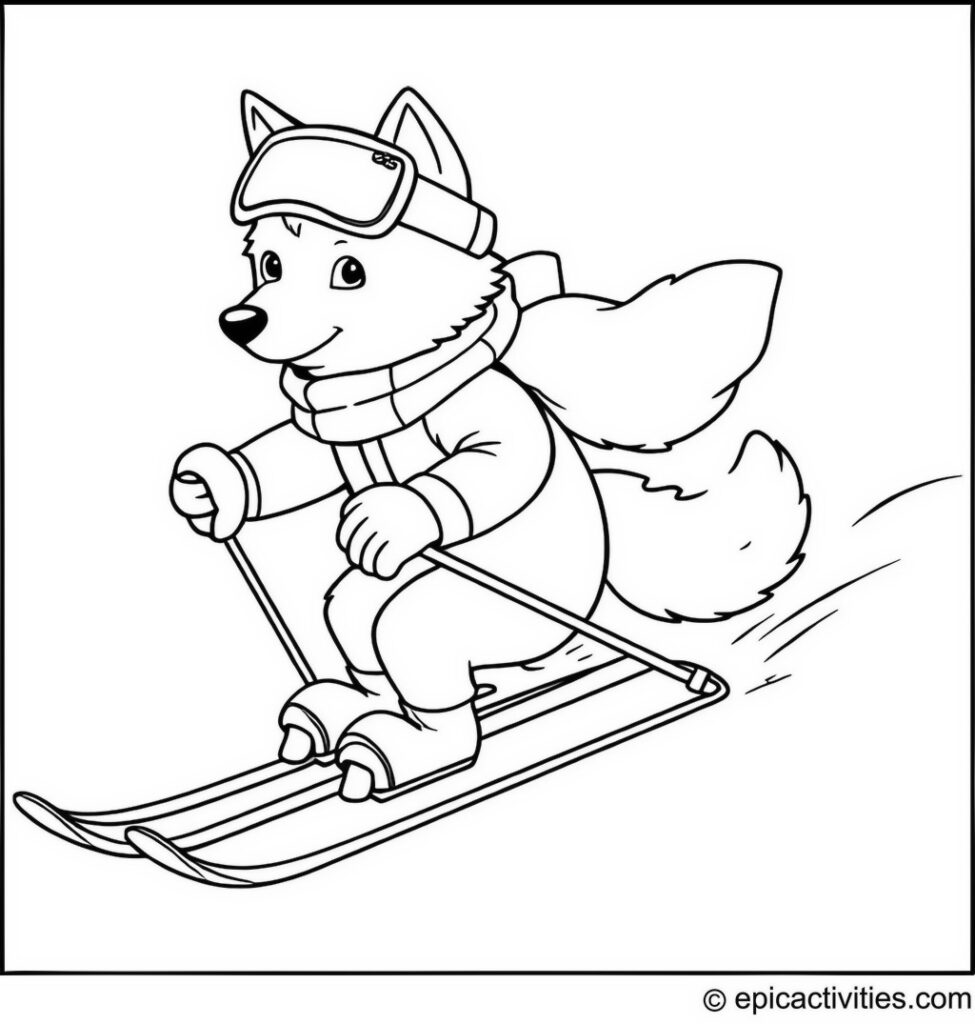 Coloring page of a Cute Wolf Skiing in Winter Gear