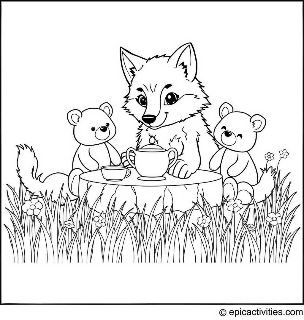 Coloring page of a Cute Wolf Tea Party in a Meadow