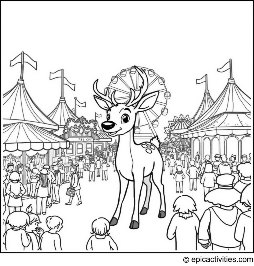 Coloring page of a Deer at a Fun Fairground