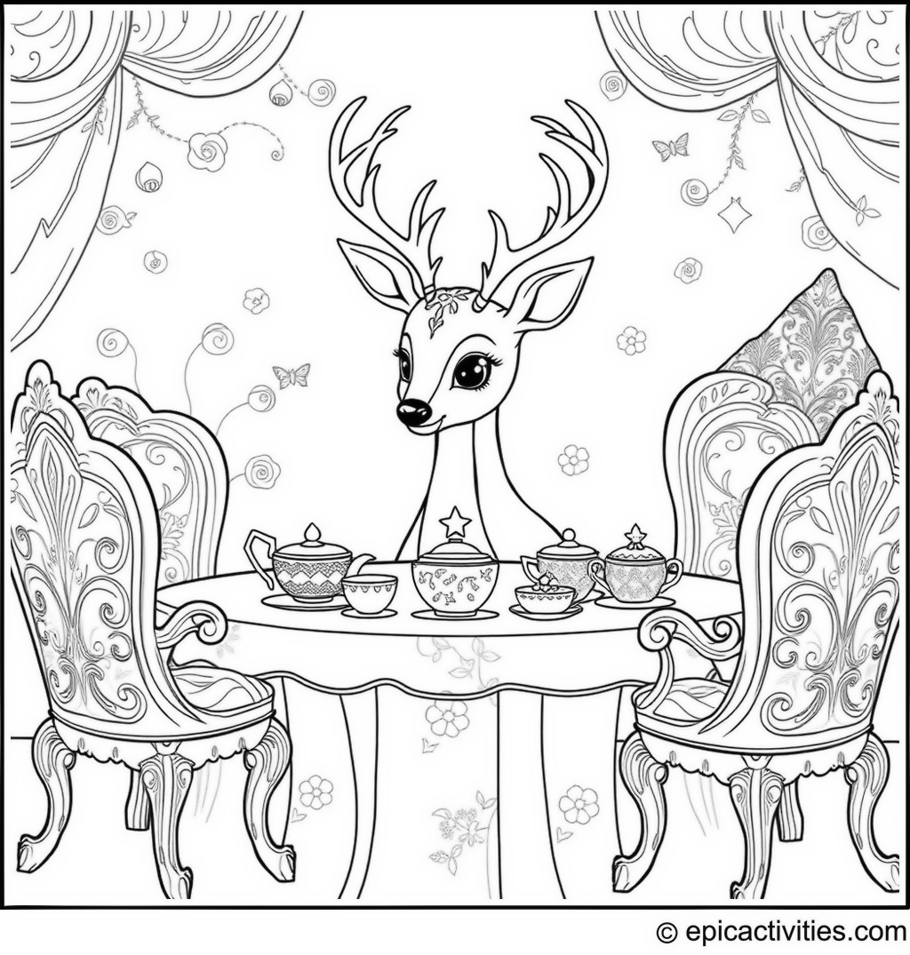 Coloring page of a Deer at a Magical Tea Party