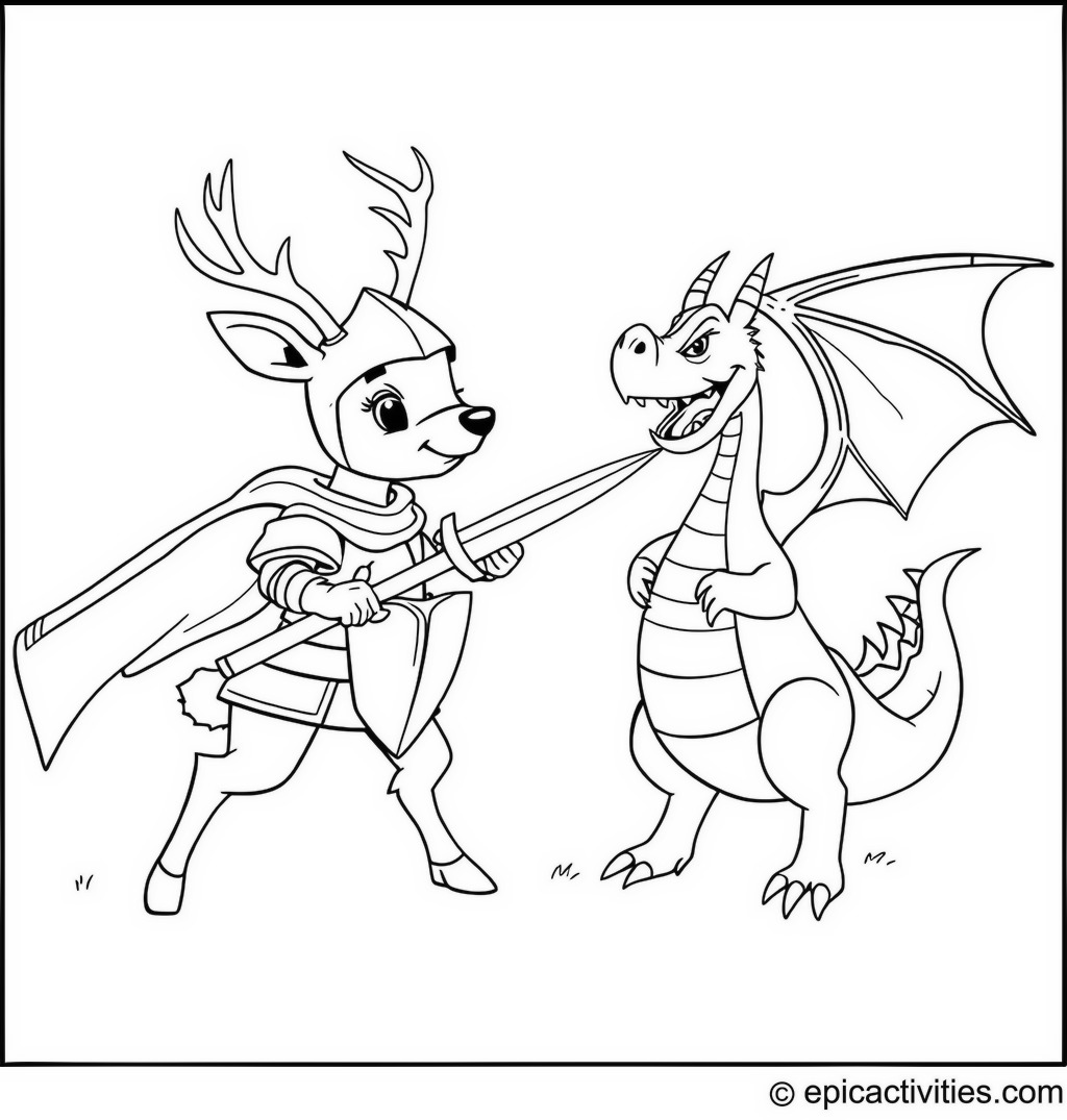 Coloring page of a Deer Knight and Dragon