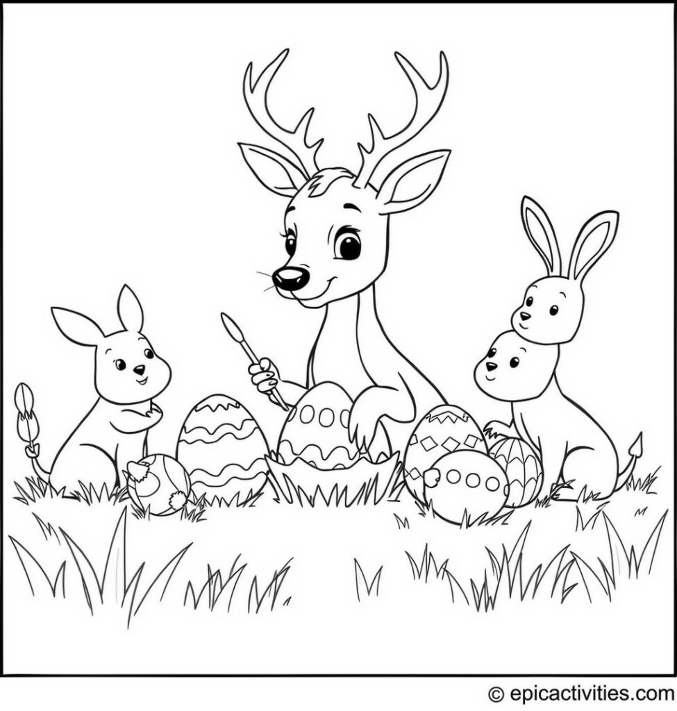 Coloring page of a Deer Painting Easter Eggs with Friends