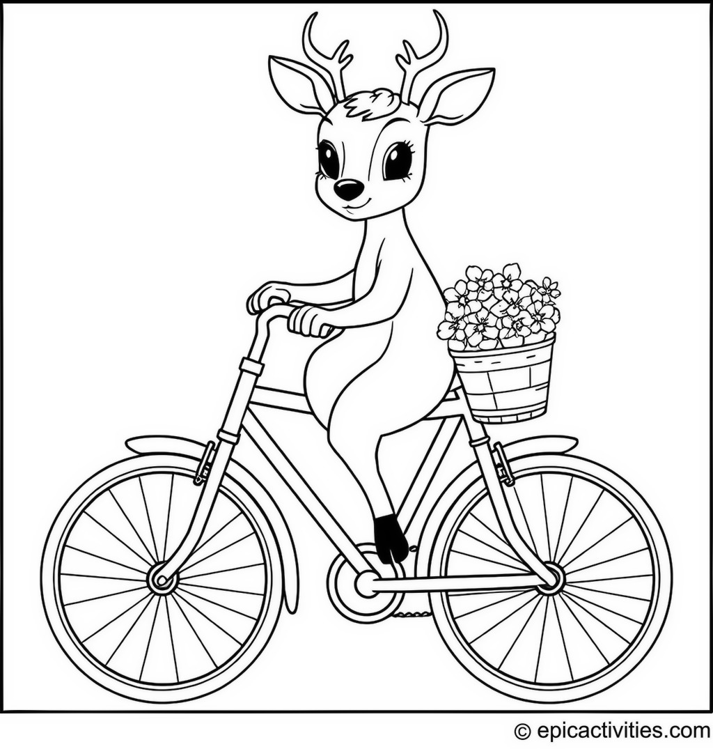 Coloring page of a Deer Riding a Bicycle with Flower Basket