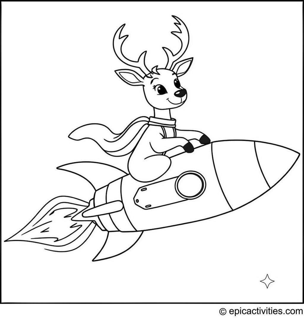 Coloring page of a deer riding a rocket ship through outer space