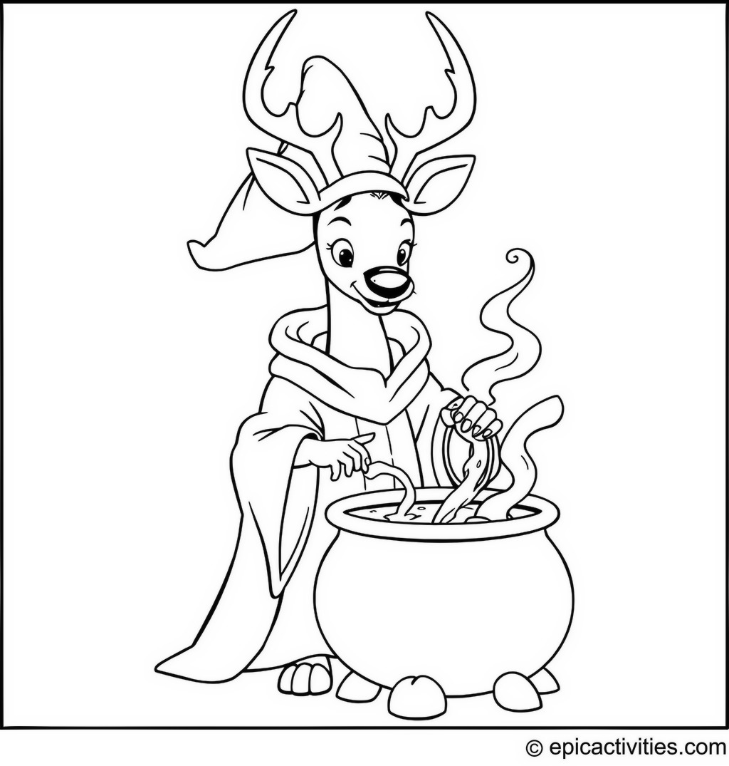 Coloring page of a Deer Wizard Mixing Potions