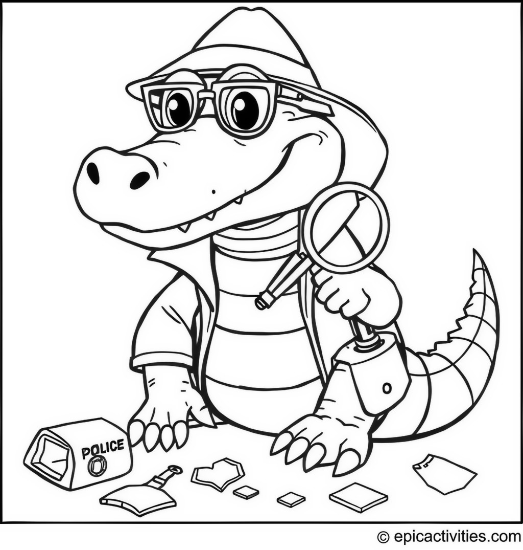 Coloring page of a Detective Alligator at a Crime Scene