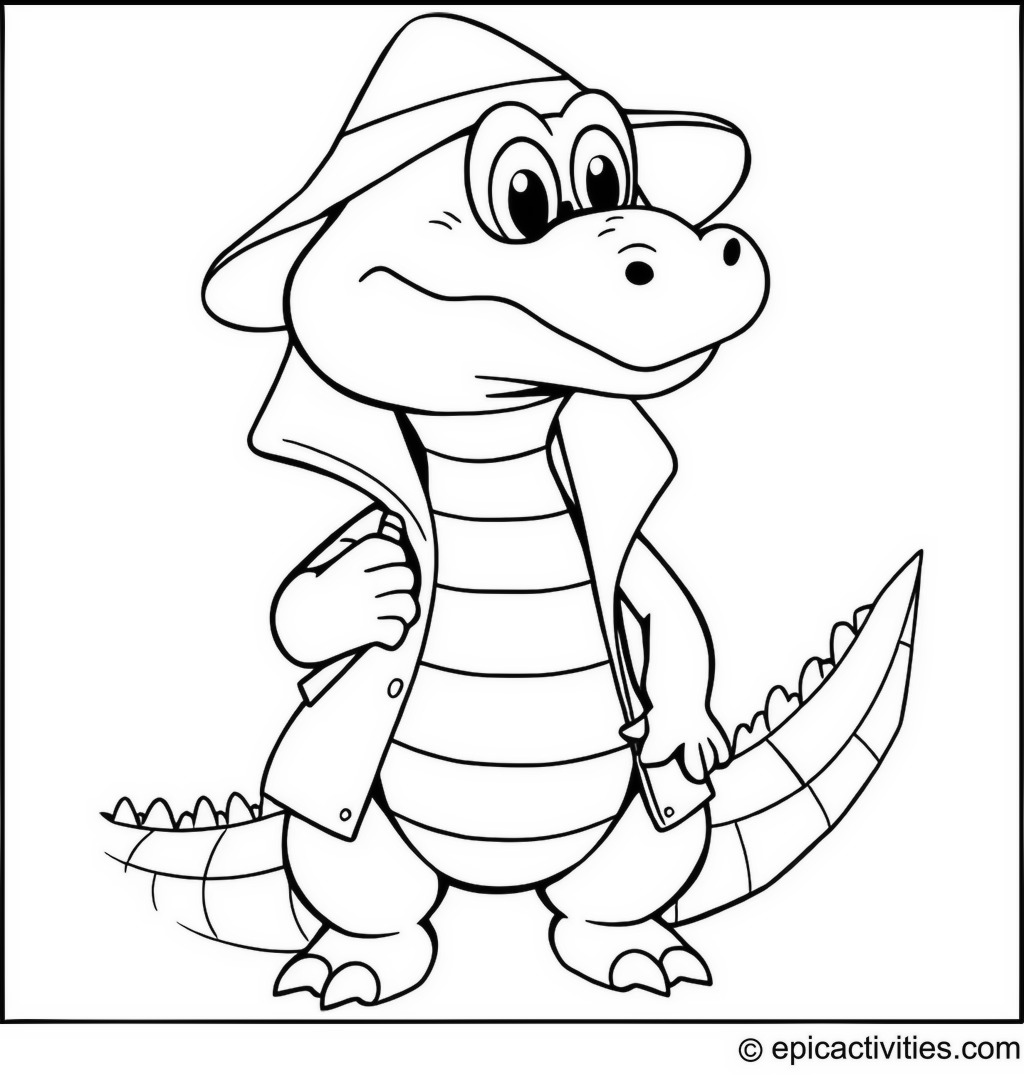 Coloring page of a Detective Crocodile with Magnifying Glass