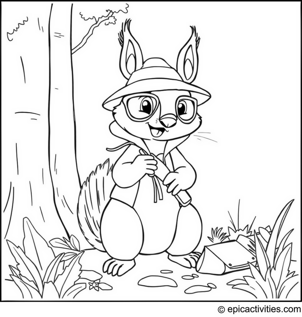 Coloring page of a Detective Squirrel Solving a Mystery in the Forest