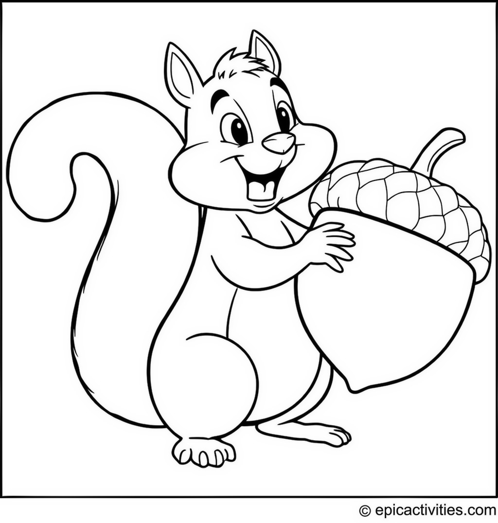 Coloring page of a determined squirrel lifting a giant acorn