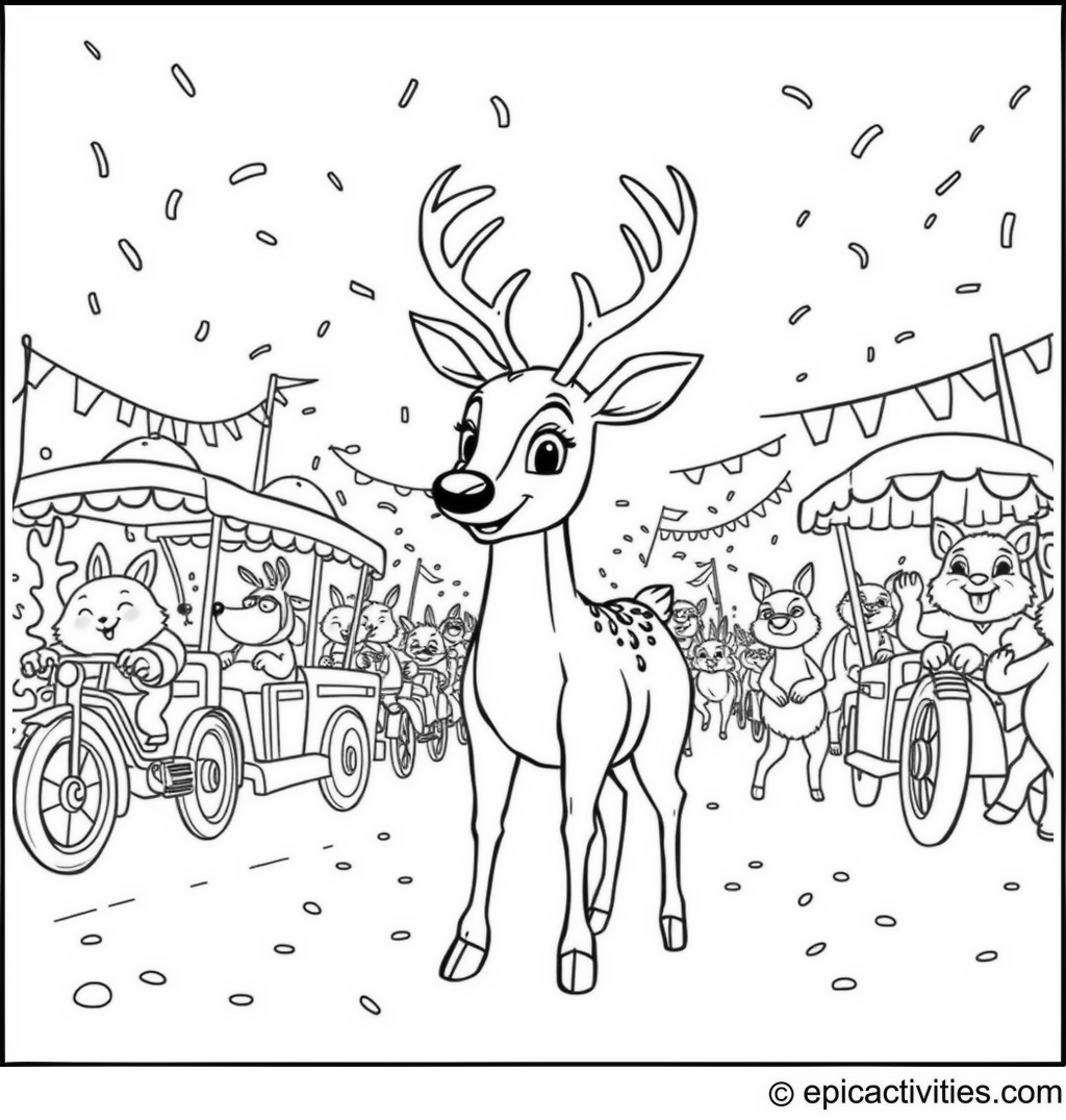 Coloring page of a Festive Parade with a Cartoon Deer and Friends