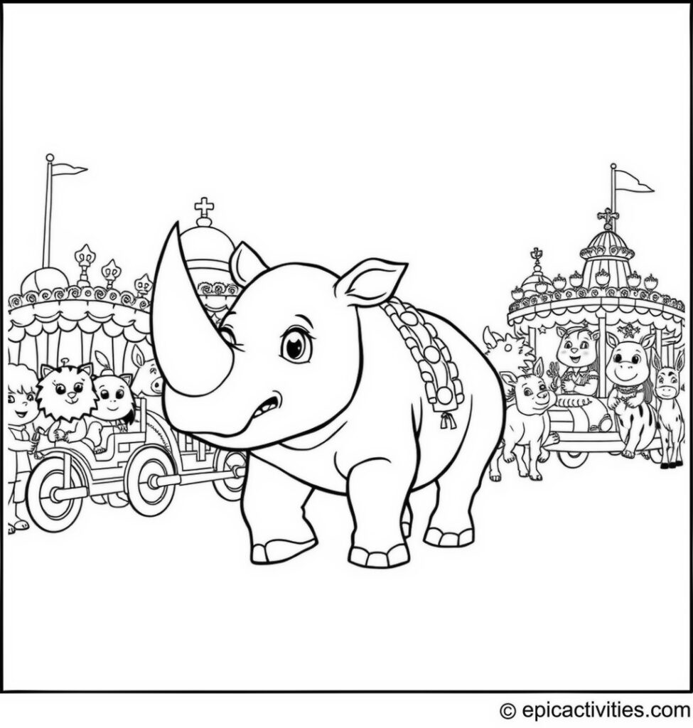 Coloring page of a Festive Parade with a Cute Cartoon Rhino and Friends