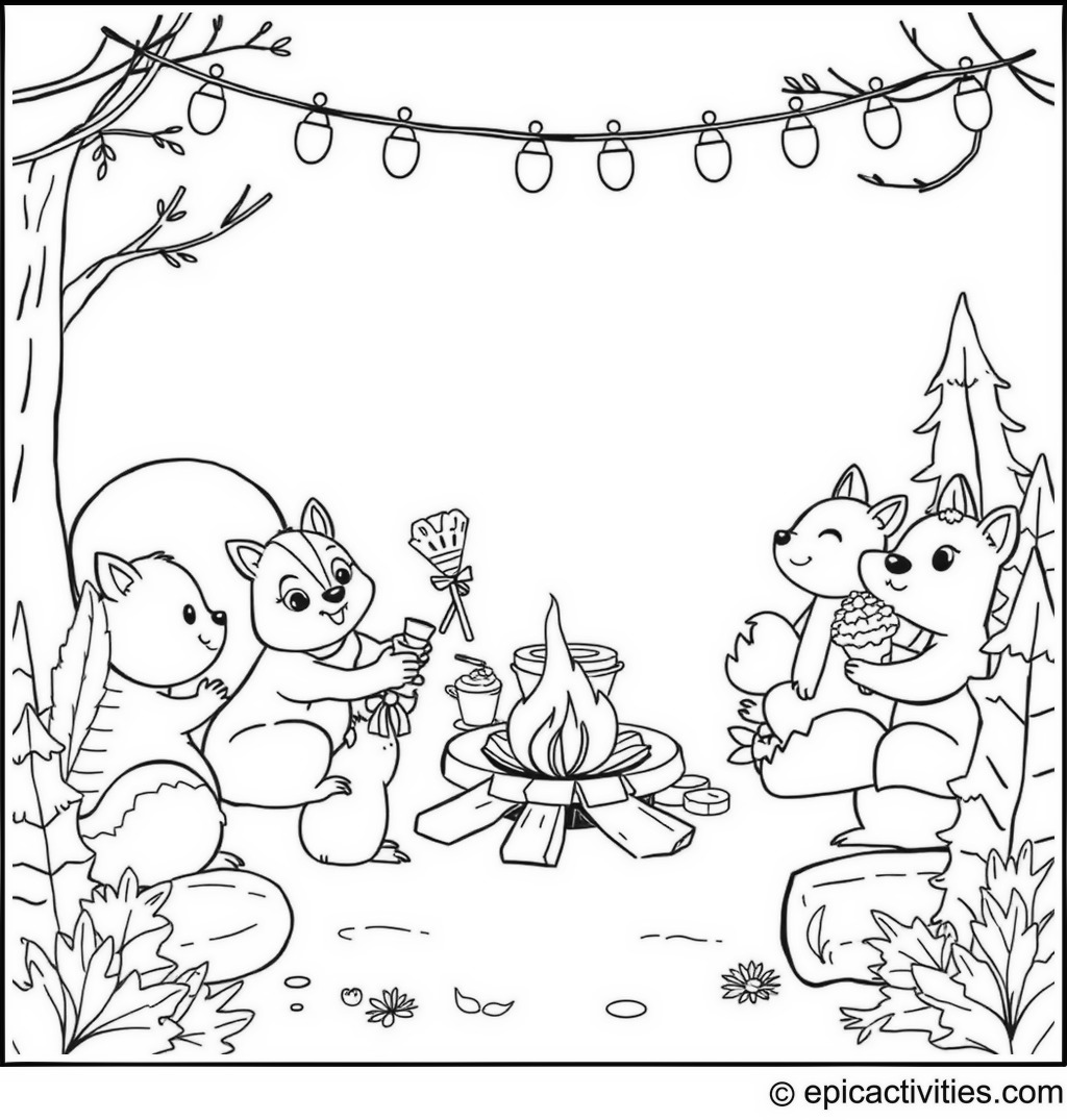 Coloring page of a Festive Woodland Party with a Cute Cartoon Squirrel and Friends