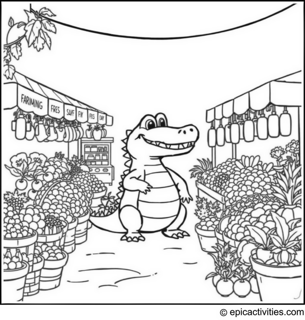 Coloring page of a Friendly Crocodile at the Farmer’s Market