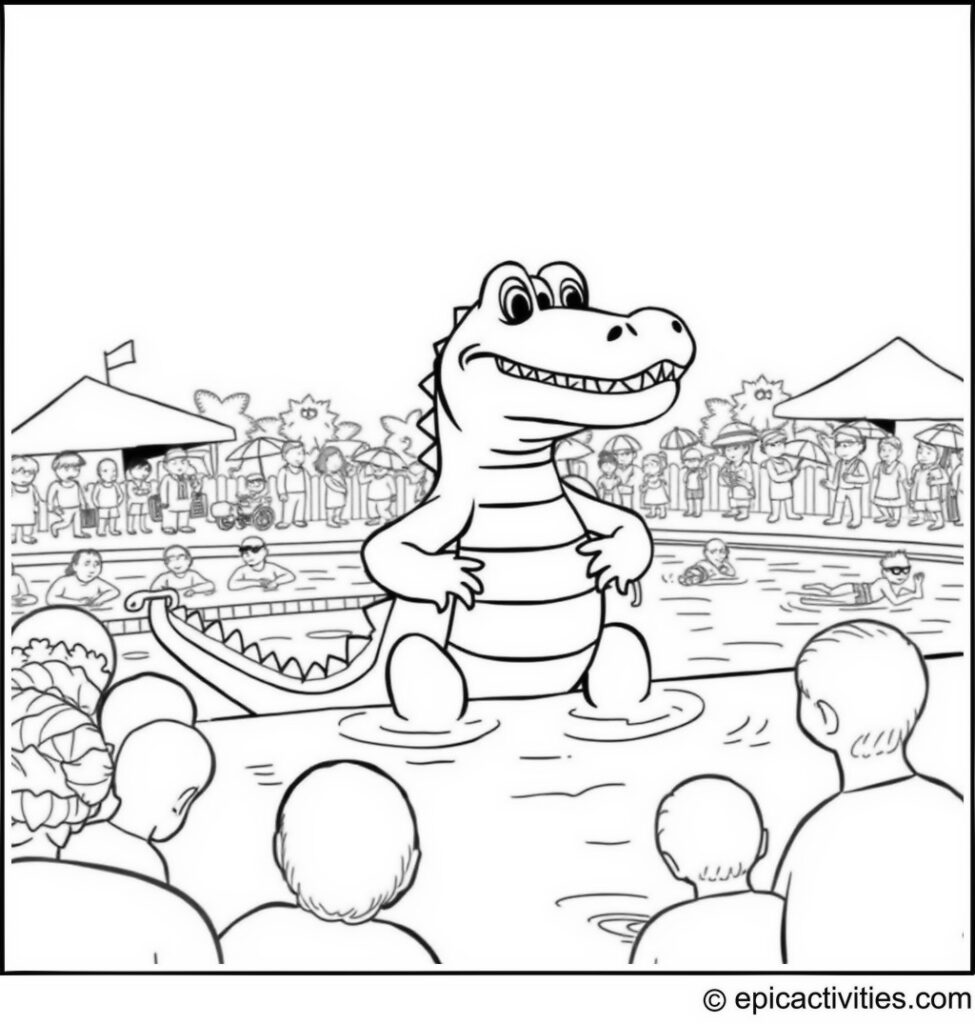 Coloring page of a friendly crocodile lifeguard at a bustling pool