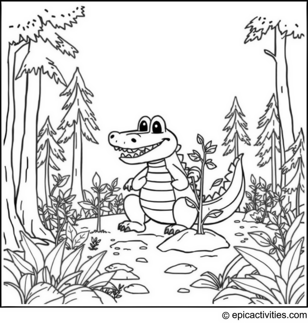Coloring page of a Friendly Crocodile Planting Trees in a Forest