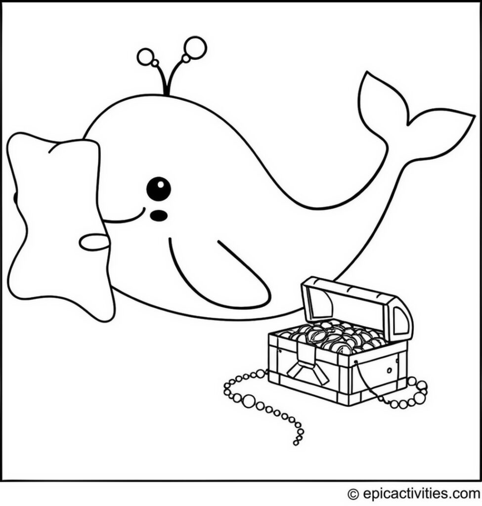 Coloring page of a Friendly Whale with a Treasure Map