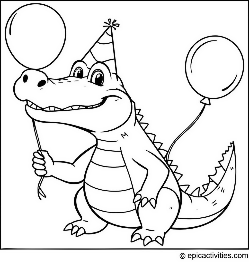 Coloring page of a Happy Alligator Celebrating at a Birthday Party