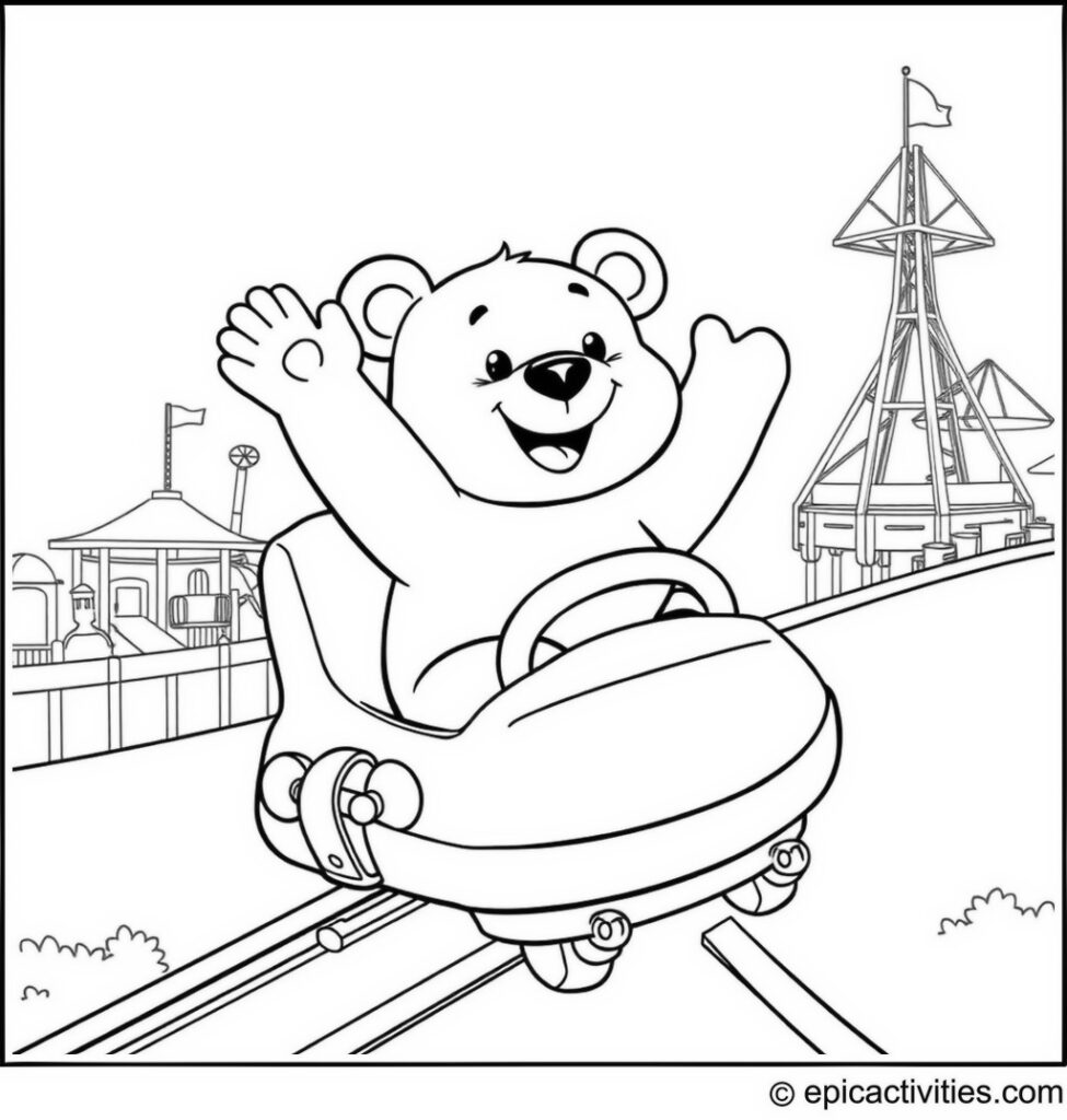 Coloring page of a Happy Bear Riding a Roller Coaster at an Amusement Park