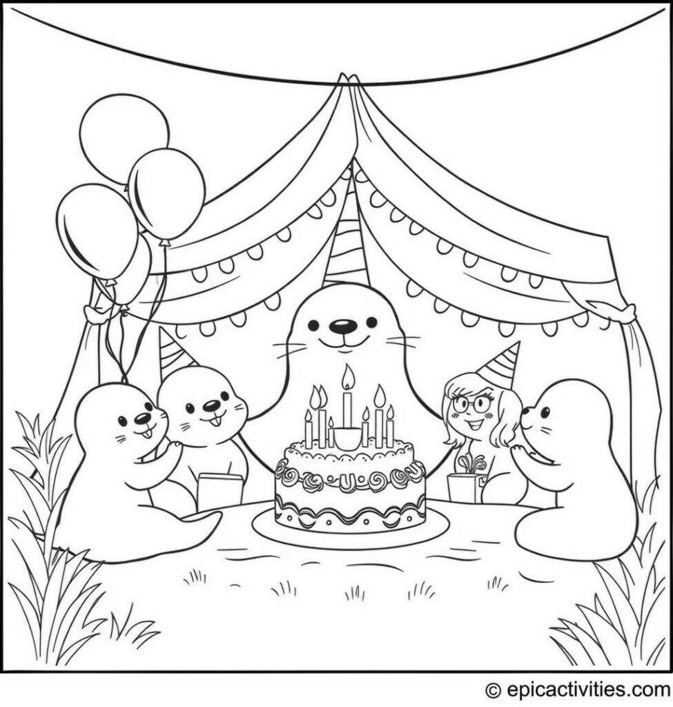 Coloring page of a Happy Birthday Party with a Cute Cartoon Seal