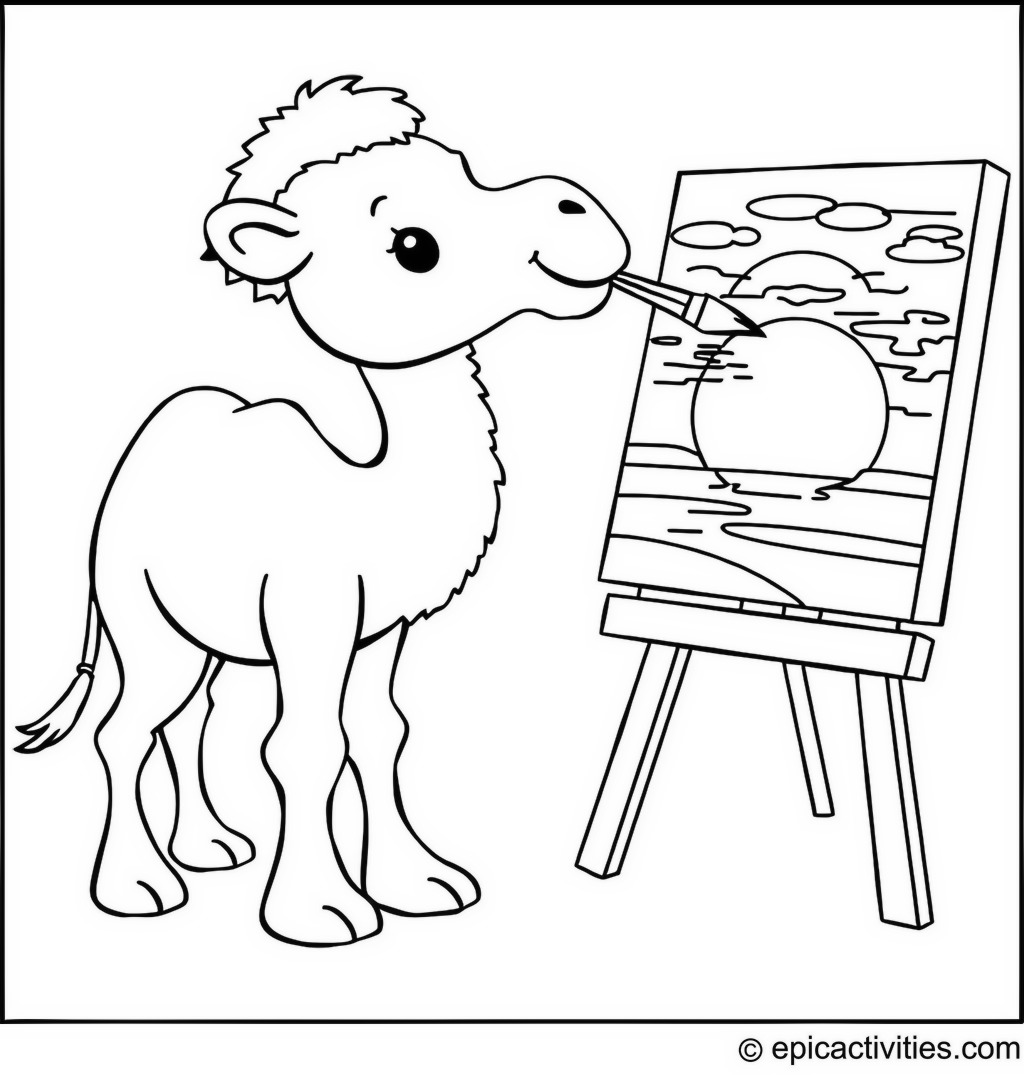 Coloring page of a Happy Camel Painting a Colorful Sunset with its Mouth
