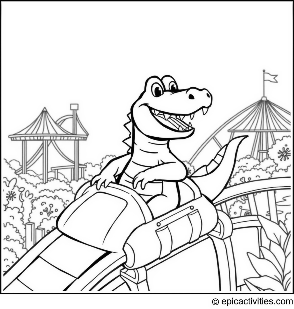 Coloring page of a Happy Crocodile on a Roller Coaster Ride