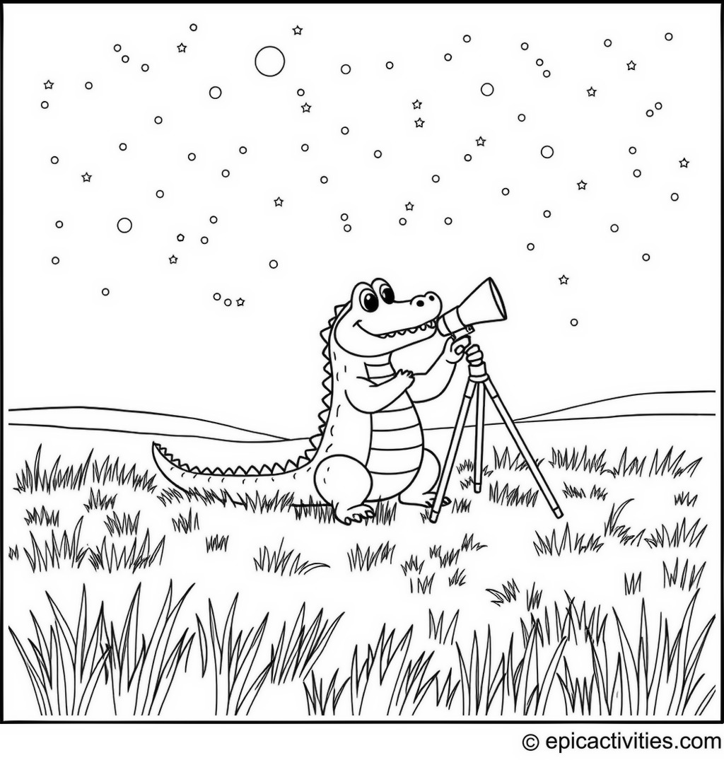 Coloring page of a Happy Crocodile Stargazing with a Telescope