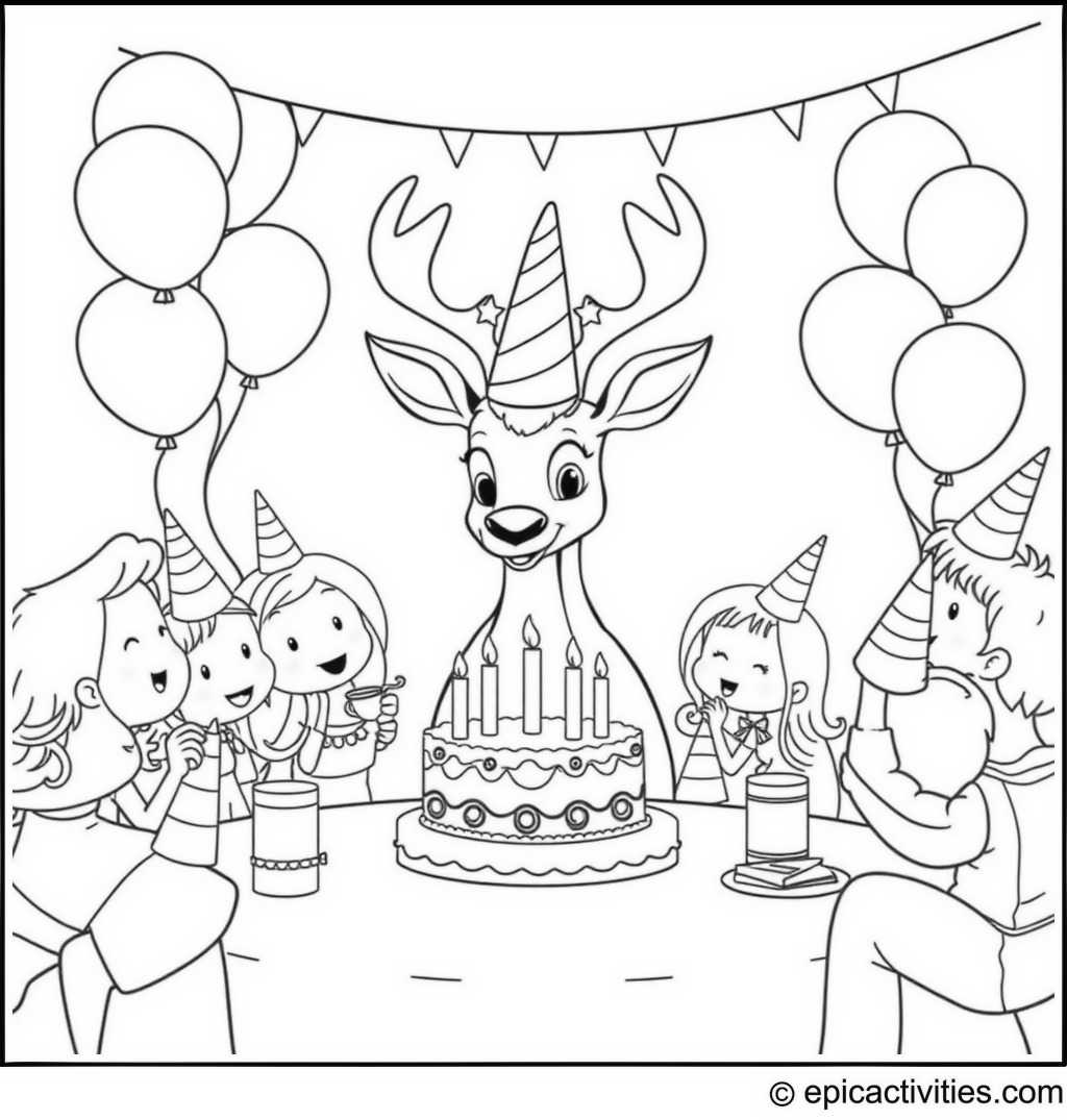 Coloring page of a Happy Deer Birthday Party