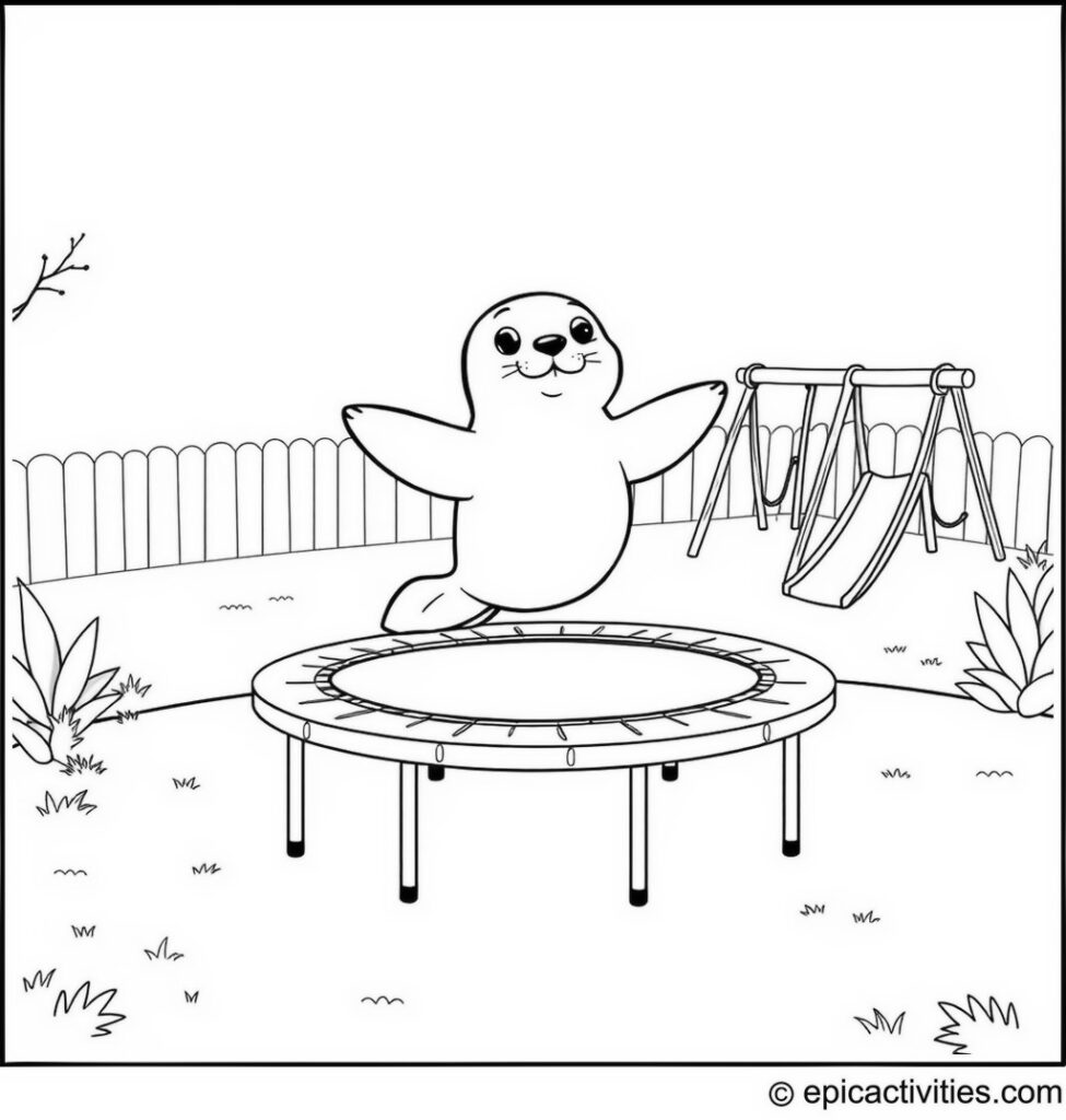 Coloring page of a Happy Seal Bouncing on a Trampoline in a Fun Backyard Scene