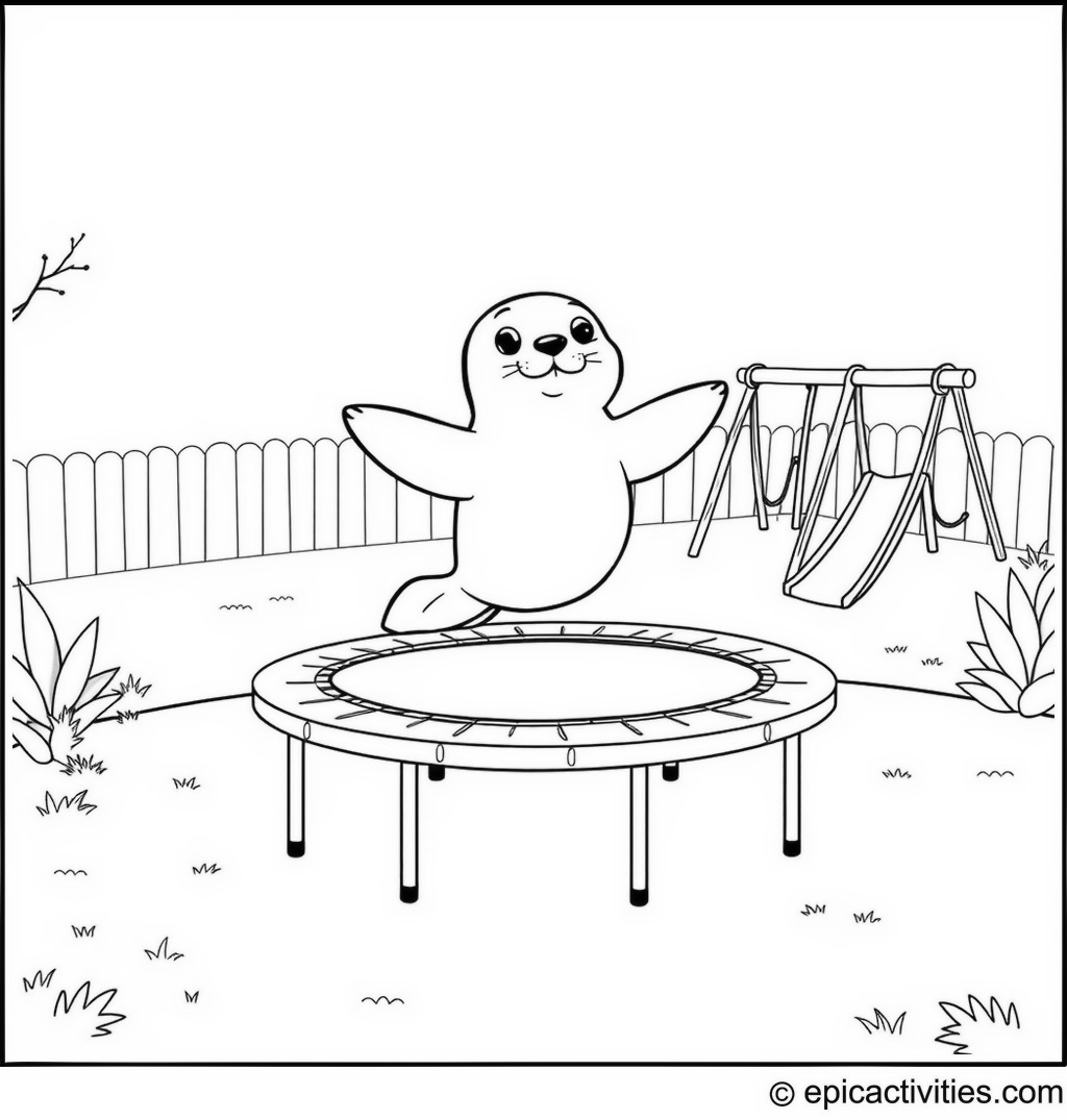 Coloring page of a Happy Seal Bouncing on a Trampoline in a Fun Backyard Scene