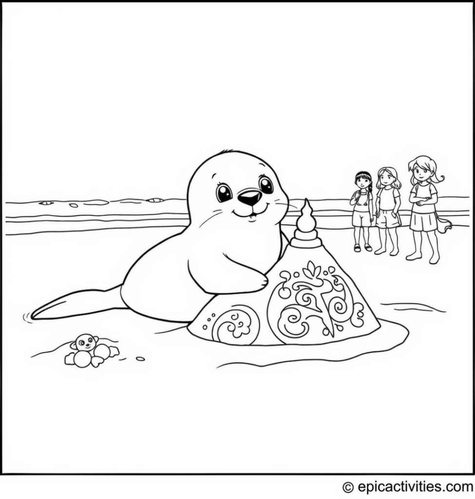 Coloring page of a Happy Seal Building a Sand Sculpture on the Beach