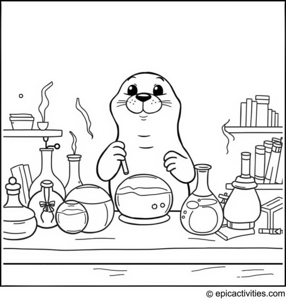 Coloring page of a Happy Seal Mixing Potions in a Magic Lab