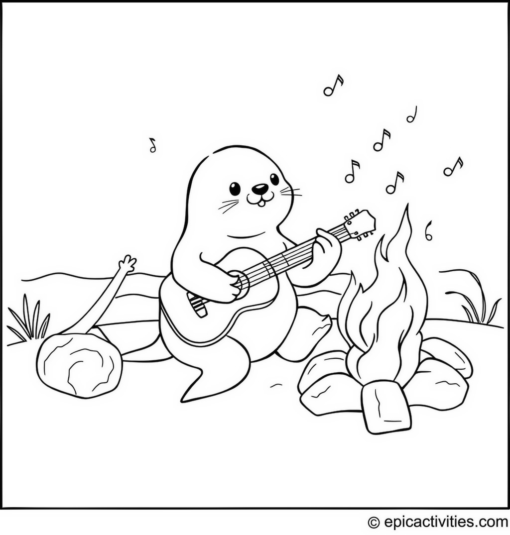 Coloring page of a Happy Seal Playing Guitar at a Beach Campfire