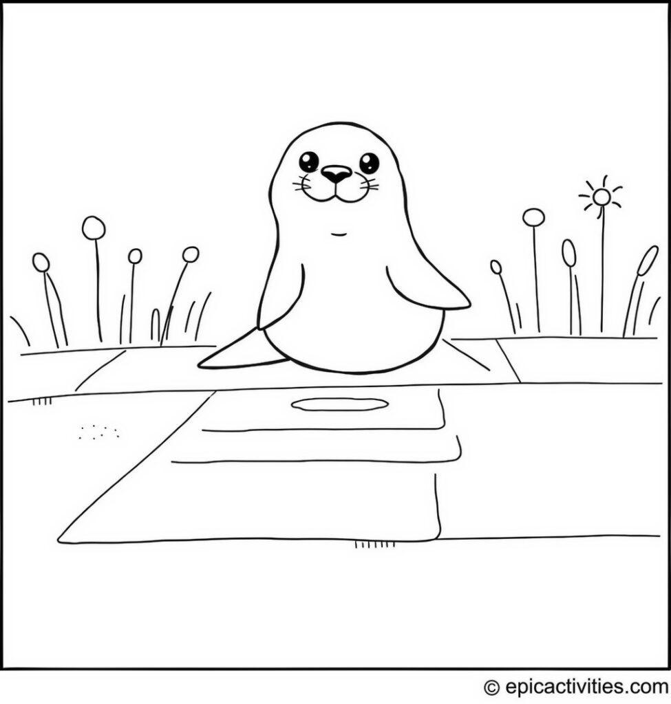 Coloring page of a Happy Seal Playing Hopscotch