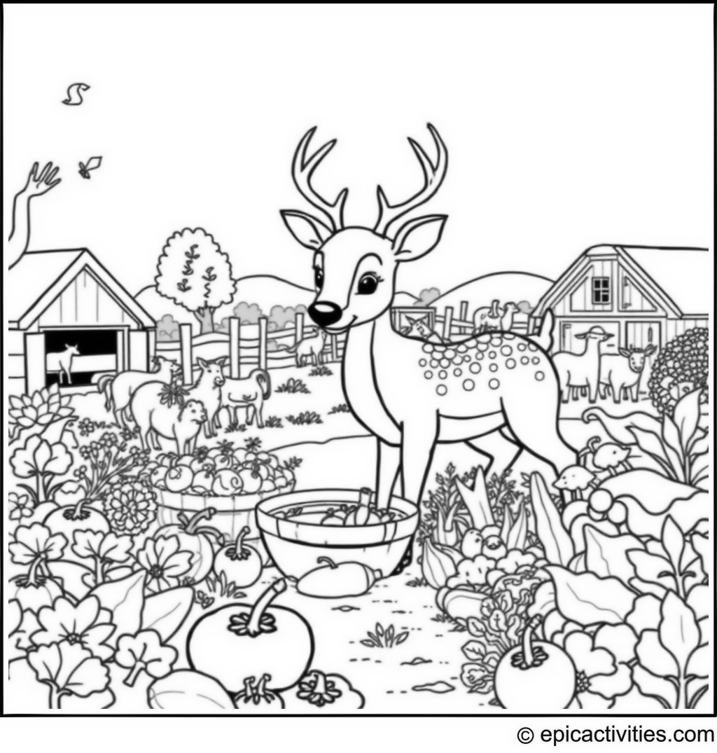 Coloring page of a Helpful Deer Gathering Colorful Vegetables at the Farm