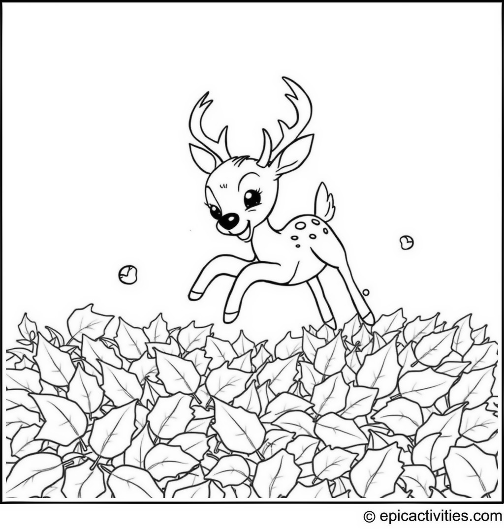 Coloring page of a Joyful Deer Diving into Autumn Leaves