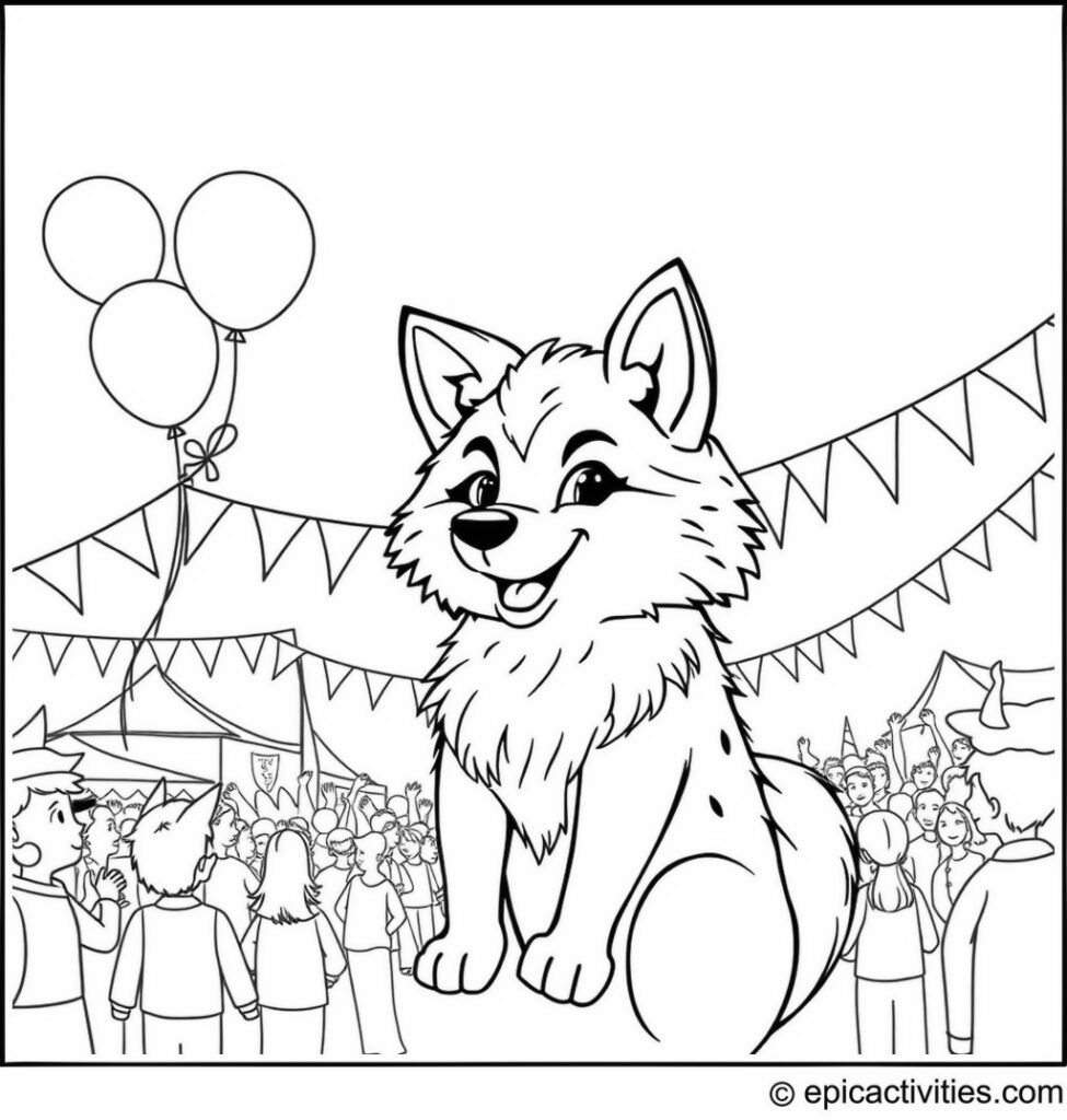Coloring page of a Joyful Wolf at a Festival