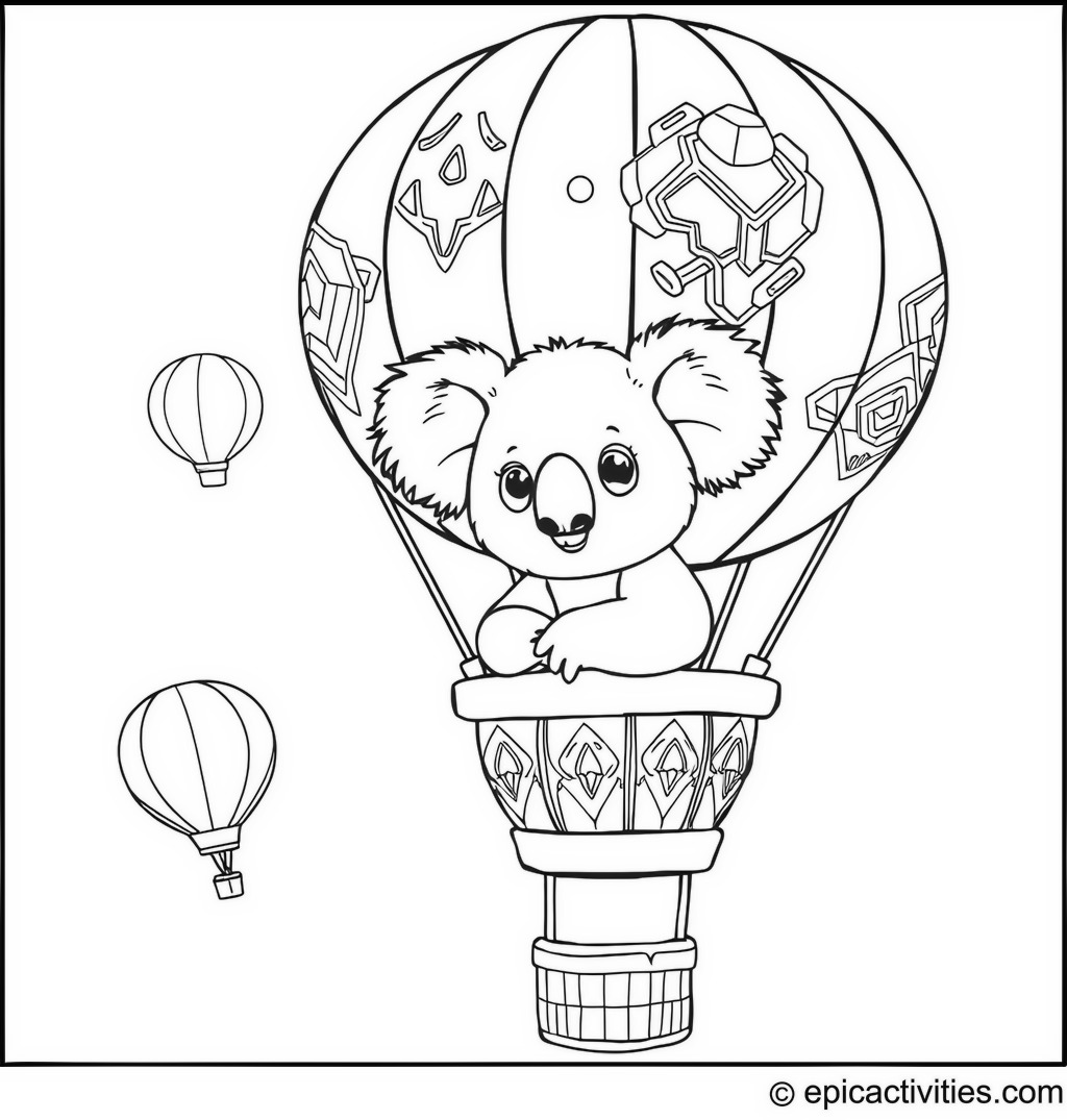 Coloring page of a Koala and Hot Air Balloon Adventure